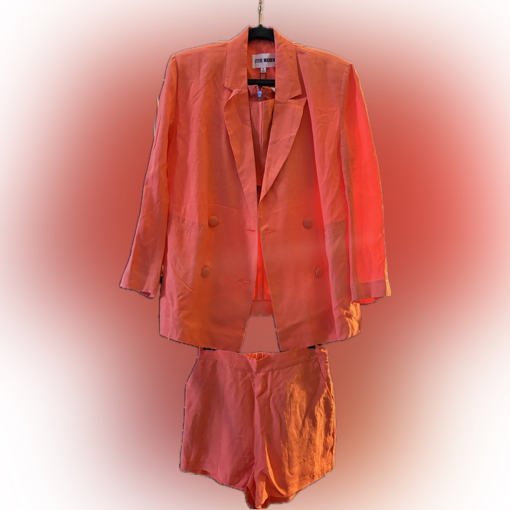 Steve Madden Coral Pink Double-Breasted Blazer with Matching Shorts